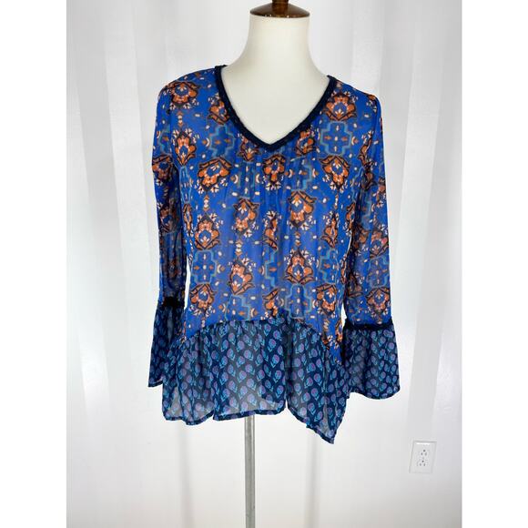 RED CAMEL Women’s Blue & Orange Pattern Sheer Top Sz M - Picture 1 of 9